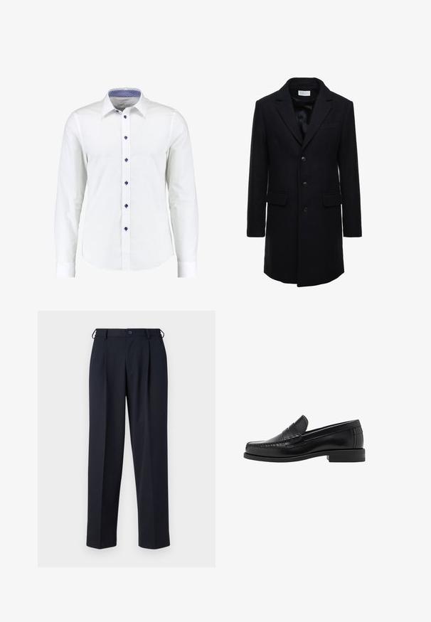 Mørk navy uldfrakke med skræddersyet pasform, enkelt knaplukning, spidse klapper og to forlommer, med knaplukning.; Sort strikket sweater med ribbet tekstur, en bred krave og en halvlang lynlås foran. Lange ærmer og en afslappet pasform.; Hvid langærmet skjorte med skjortekrave, der har blå accentknapper og et blåt ternet mønster indeni kraven.; Mørkeblå bukser lavet af et glat stof, med lige snit, plisseret front og en knaplukning i taljen.; Sorte læder loafers med en glat finish, syede detaljer på tåen og et lavt hældesign for komfort og stil.