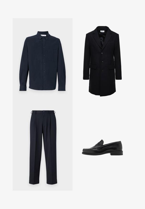 Cappotto in lana di un blu scuro, con una vestibilità su misura, design a un petto, revers a punta e due tasche frontali, dotato di chiusura con bottone.; Maglione nero lavorato a maglia con una texture a coste, un ampio colletto e una zipper a metà lunghezza sul davanti. Maniche lunghe e vestibilità rilassata.; Camicia a maniche lunghe blu navy realizzata in tessuto morbido, con chiusura a bottoni, colletto a punta e una tasca sul petto.; Pantaloni blu navy realizzati in un tessuto liscio, con un taglio dritto, fronte plissé e chiusura con bottone in vita.; Mocassini in pelle nera con una finitura liscia, dettagli cuciti sulla punta e un design a tacco basso per comfort e stile.