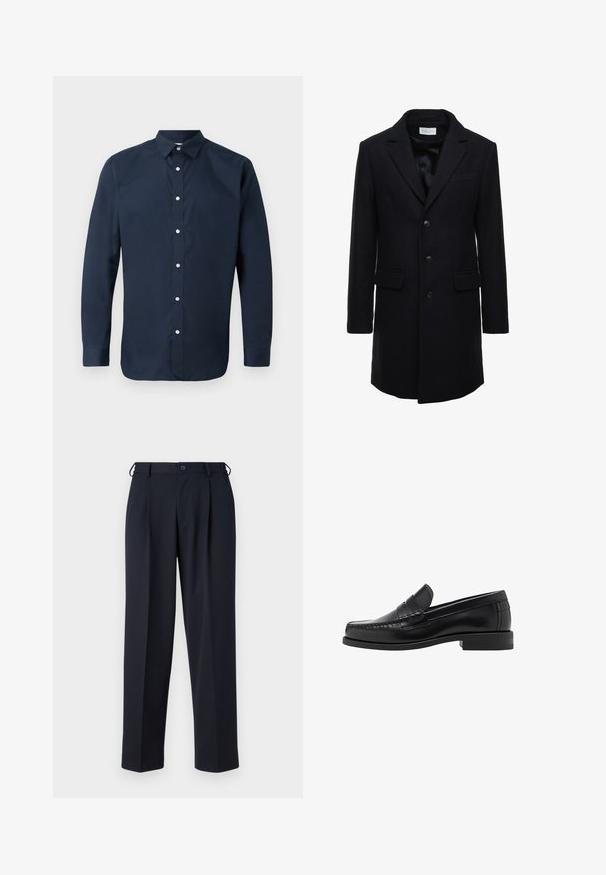 Tamno plavi vuneni kaput s krojem prilagođenim tijelu, jednorednim dizajnom, šiljastim reverima i dva prednja džepa, s kopčanjem na gumb.; Crni pleteni pulover s rebrastom teksturom, širokim ovratnikom i zatvaračem do polovine dužine sprijeda. Dugi rukavi i opušteni kroj.; Mornarsko plava košulja dugih rukava od glatkog pamuka s raširenim ovratnikom, prednjim gumbima i zakovanim manžetama. Nema vidljivih uzoraka.; Mornarice plave hlače od glatkog materijala, s ravnim krojem, nabranim prednjim dijelom i kopčanjem na dugme u struku.; Crne kožne mokasine s glatkom površinom, šivenim detaljima na prstu i dizajnom niskog potplata za udobnost i stil.