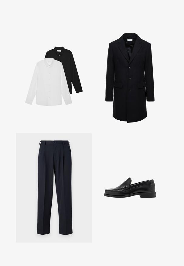 Czarny wełniany płaszcz w granatowym kolorze o dopasowanym kroju, zapinany na jeden guzik, z szpiczastymi klapami i dwiema przednimi kieszeniami.; Czarny sweter dzianinowy z prążkowaną teksturą, szerokim kołnierzem oraz półdługim zamkiem z przodu. Długie rękawy i luźny krój.; Białe i czarne koszule z długim rękawem, z zaostrzonymi kołnierzykami, guziki z przodu oraz gładką fakturą materiału. Metki widoczne na wewnętrznej stronie kołnierza.; Granatowe spodnie wykonane z gładkiego materiału, z prostym krojem, plisowanym przodem i zapięciem na guzik w talii.; Czarne skórzane mokasyny o gładkim wykończeniu, ze stębnowaniem na nosie i niskim obcasem, zapewniającymi komfort i styl.