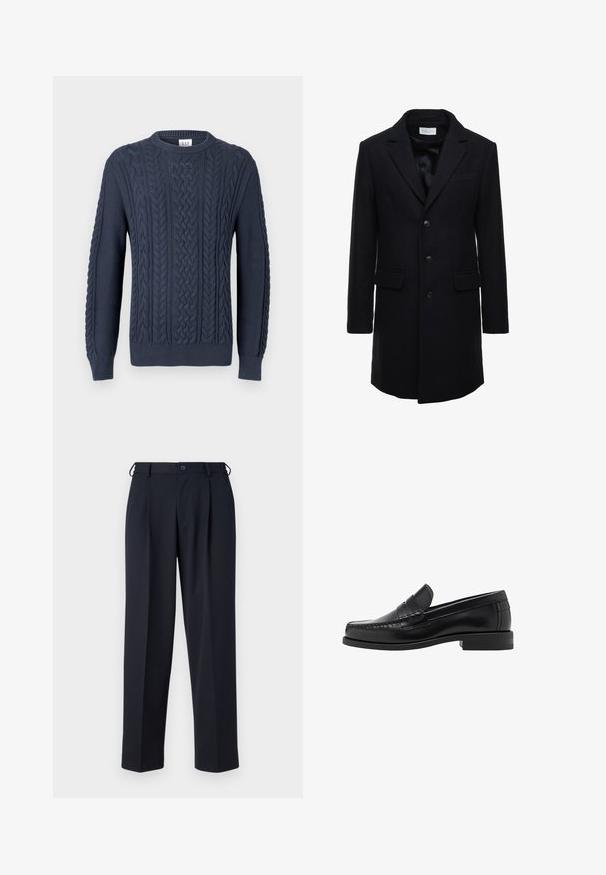 Dark navy wool coat with a tailored fit, single-breasted design, peak lapels, and two front pockets, featuring a button closure.; Navy blue cable-knit sweater with a round neck, ribbed cuffs, and hem, featuring a textured pattern and woven design.; Light blue button-up shirt with long sleeves, a pointed collar, and white buttons. Features a patterned interior collar. Smooth fabric texture.; Navy blue trousers made of a smooth fabric, featuring a straight cut, pleated front, and a button closure at the waist.; Black leather loafers with a smooth finish, stitched detailing on the toe, and a low heel design for comfort and style.