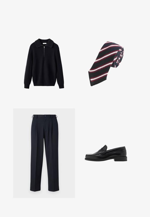 Mörkblå ullrock med skräddarsydd passform, enkelknäppt design, spetsiga slag och två framfickor, med knäpplinkning.; Svart stickad tröja med ribbat mönster, bred krage och halv-längds dragkedja framtill. Långa ärmar och en avslappnad passform.; Ljusblå skjorta med knappar framtill, långa ärmar, spetsig krage och vita knappar. Har ett mönstrat inre på kragen. Slät tygtextur.; Navyblå byxor i ett slätt tyg, med rak passform, veckad front och knappstängning i midjan.; Svarta läderloafers med en slät finish, sömnadsdetaljer på tån och en låg klackdesign för komfort och stil.; Next DESIGN - Slips - navy blue stripe