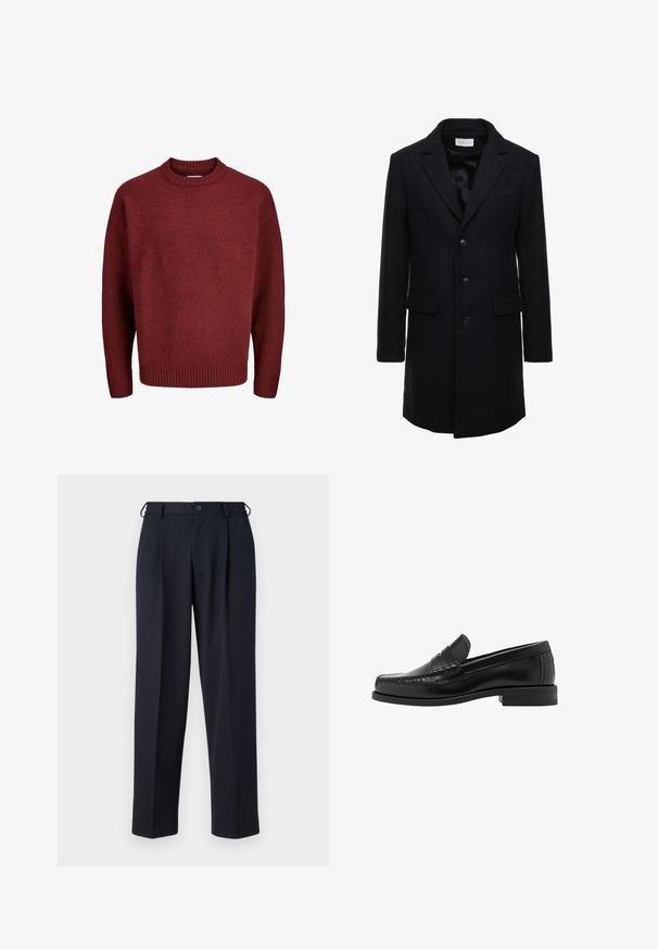 Dark navy wool coat with a tailored fit, single-breasted design, peak lapels, and two front pockets, featuring a button closure.; Red knit sweater with a round neck, ribbed cuffs and hem, featuring a textured fabric. The silhouette is relaxed and oversized.; Light blue button-up shirt with long sleeves, a pointed collar, and white buttons. Features a patterned interior collar. Smooth fabric texture.; Navy blue trousers made of a smooth fabric, featuring a straight cut, pleated front, and a button closure at the waist.; Black leather loafers with a smooth finish, stitched detailing on the toe, and a low heel design for comfort and style.