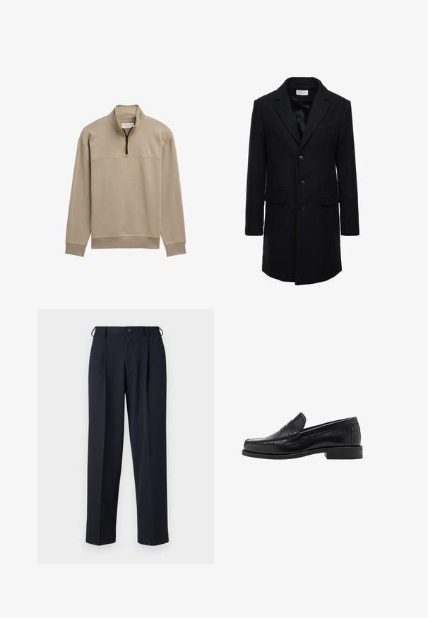 Cappotto in lana di un blu scuro, con una vestibilità su misura, design a un petto, revers a punta e due tasche frontali, dotato di chiusura con bottone.; Pullover in pile beige con colletto a mezza zip, polsini e orlo a coste, e un pannello sul petto. Presenta un logo sottile sul lato sinistro.; Camicia azzurra chiara con maniche lunghe, colletto a punta e bottoni bianchi. Presenta un colletto interno a fantasia. Tessuto dalla superficie liscia.; Pantaloni blu navy realizzati in un tessuto liscio, con un taglio dritto, fronte plissé e chiusura con bottone in vita.; Mocassini in pelle nera con una finitura liscia, dettagli cuciti sulla punta e un design a tacco basso per comfort e stile.