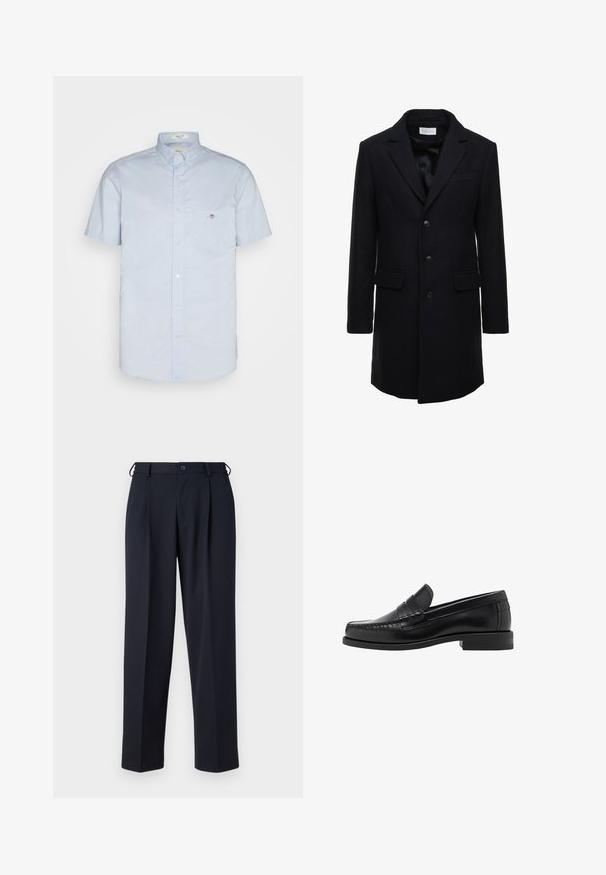 Mørk navy uldfrakke med skræddersyet pasform, enkelt knaplukning, spidse klapper og to forlommer, med knaplukning.; Lyseblå kortærmet skjorte med krave og knaplukning, der har en venstre brystlomme og et lille logo-detalje. Fremstillet af glat materiale.; Mørkeblå bukser lavet af et glat stof, med lige snit, plisseret front og en knaplukning i taljen.; Sorte læder loafers med en glat finish, syede detaljer på tåen og et lavt hældesign for komfort og stil.