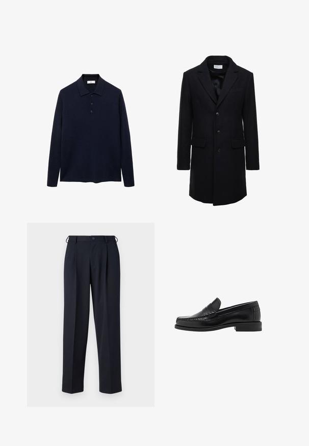 Dunkelblauer Wollmantel mit tailliertem Schnitt, einreihigem Design, Spitzenrevers und zwei Fronttaschen, mit Knopfverschluss.; Dunkelblaues Langarm-Polohemd mit drei Knöpfen und einem klassischen Kragen, dargestellt auf einem weißen Hintergrund.; Hellblaues Hemd mit langen Ärmeln, einem spitzen Kragen und weißen Knöpfen. Verfügt über ein gemustertes Innenfutter am Kragen. Glatte Stofftextur.; Marineblaue Hosen aus einem glatten Stoff, mit geradem Schnitt, gefaltetem Vorderteil und einem Knopfverschluss an der Taille.; Schwarze Lederloafer mit glatter Oberfläche, genähten Details an der Zehe und einem flachen Absatzdesign für Komfort und Stil.