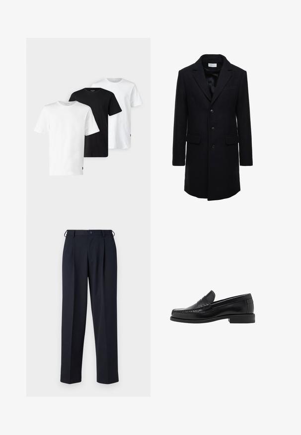 Mörkblå ullrock med skräddarsydd passform, enkelknäppt design, spetsiga slag och två framfickor, med knäpplinkning.; Tre T-shirts i vitt, svart och vitt, med korta ärmar, rundad halsringning och tillverkade av mjuk, andningsbar bomull.; Navyblå byxor i ett slätt tyg, med rak passform, veckad front och knappstängning i midjan.; Svarta läderloafers med en slät finish, sömnadsdetaljer på tån och en låg klackdesign för komfort och stil.