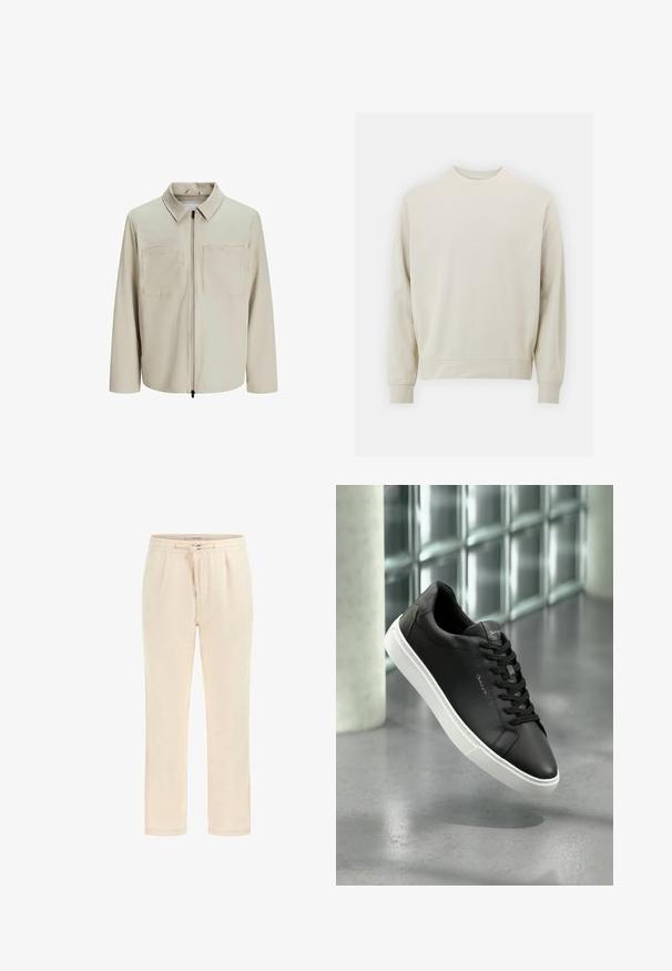 Kreminė striukė, pagaminta iš minkštos medžiagos, su apykakle, priekyje užtrauktuku ir dviem didelėmis krūtinės kišenėmis. Ilgos rankovės su laisvu pritaikymu.; Šviesiai smėlinis džemperis, pagamintas iš minkštos medžiagos, su apvaliu kaklu, ilgomis rankovėmis, ir rebrastu rankogaliu bei apatine dalimi. Minimalistinis dizainas, be matomų raštų.; Kamščių spalvos sportinės kelnės pagamintos iš minkštos medžiagos, su elastingu liemeniu, raišteliu ir šoninėmis kišenėmis. Tiesaus kirpimo dizainas su lygiu paviršiumi.; Juodas odinis sportinis batelis su balta guma, apvaliu priekiu ir raišteliais. Pasižymi lygiu paviršiumi ir subtiliu logotipu ant liežuvio.