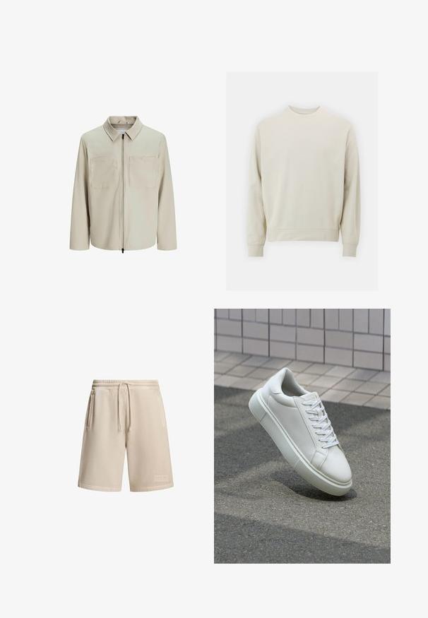 Bēša jaka, kas izgatavota no mīksta auduma, ar apkakli, priekšējo rāvējslēdzēju un diviem lieliem krūšu kabatām. Garas piedurknes ar brīvu piegriezumu.; Gaišs bežs džemperis, kas izgatavots no mīkstas auduma, ar noapaļotu kakla izgriezumu, garām piedurknēm un ribotām aprocēm un apakšmalu. Minimālistisks dizains, bez redzamām rakstām.; Beige šorti, kas izgatavoti no kokvilnas un poliestera maisījuma, ar gumiju viduklī un aukliņu, divām sānu kabatām un nelielu logotipa uzplātni malā.; Baltas ādas sporta apavi ar gludu virsmu, apaļu pirkstu un plakanām baltām šņorēm. Iezīmējas ar strukturētu gumijas zoli un minimālisma dizaina elementiem.