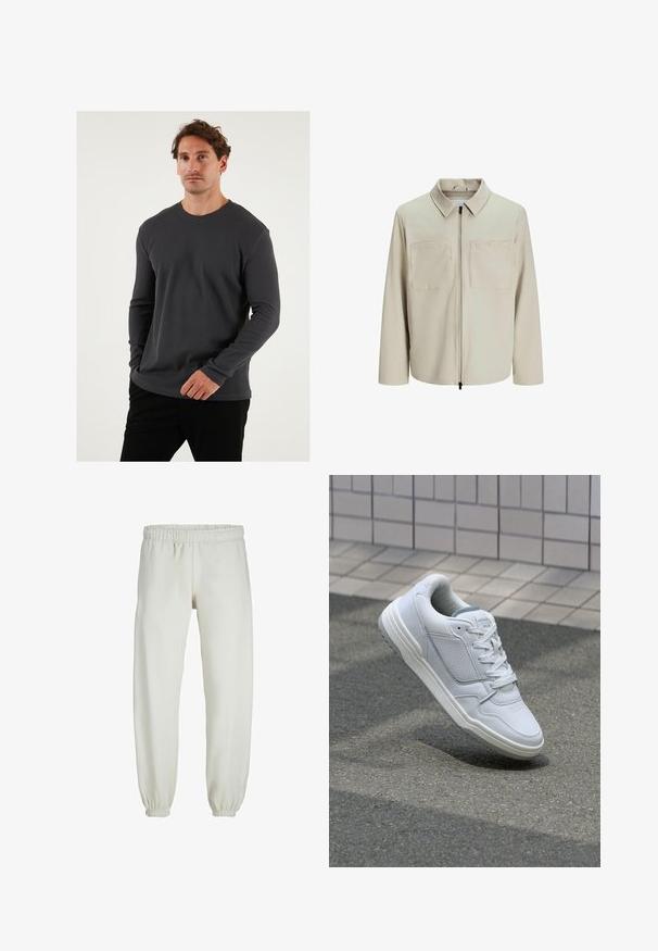 Bež jakk, mis on valmistatud pehmest kangast, millel on krae, ees zip ja kaks suurt rinna taskut. Pikad varrukad, millel on mugav lõige.; Hallitusseente ribaga pika varrukaga t-särk ümmarguse kaelusega, tekstureeritud kangas ja silmapaistev disain, kantud mustade pükstega neutraalses taustas.; Valged trennipüksid, mis on valmistatud pehmest kangast, elastse vöökoha ja mansettidega, sileda tekstuuri ja lõdva lõikega.; Valge nahkne toss, millel on perforeeritud külgedega, tekstuuriga aktsendid, lame pael ja kontrastne hall konts. Omab veidi tõstetud tallat.