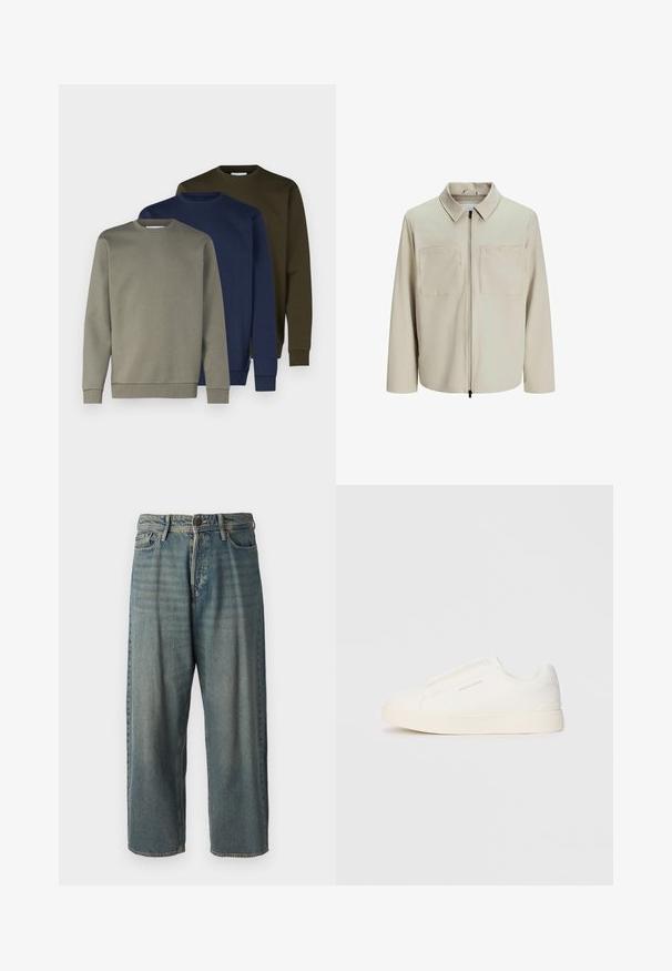 Beige színű, puha anyagból készült dzseki, gallérral, elülső cipzárral és két nagy zsebbe való mellel. Hosszú ujjú, laza fazonú.; Három gallér nélküli pulóver olajzöld, tengerészkék és világosszürke színben. Pamut anyagú, bordás mandzsettákkal és hemmel. Simább textúra, egyszerű dizájn.; Világoskék farmernadrág, laza fazonnal, közepes derékbőséggel és egyenes szárral. Öt zsebet, övbucskát és gombos záródást tartalmaz.; Fehér slip-on sportcipők texturált felülettel, vastag talppal és minimalista dizájnnal. Az oldalon a márka logója található.