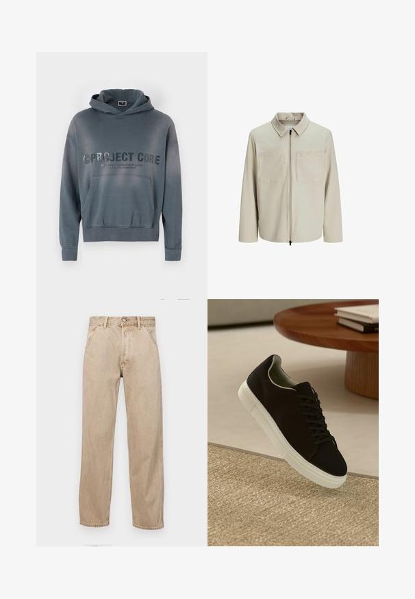 Beige jacket made of soft fabric, featuring a collar, front zip, and two large chest pockets. Long sleeves with a relaxed fit.; Gray hoodie made of cotton, featuring a front pocket, ribbed cuffs, and bold printed text “PROJECT CORE” on the chest.; Beige denim jeans with a straight leg design, featuring front pockets, a metal button closure, and subtle texture.; Black sneaker with white sole floating above beige textured rug near round wooden table with stacked books.