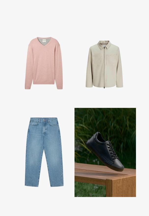 Kreminė striukė, pagaminta iš minkštos medžiagos, su apykakle, priekyje užtrauktuku ir dviem didelėmis krūtinės kišenėmis. Ilgos rankovės su laisvu pritaikymu.; TOM TAILOR MIT V-AUSSCHNITT - Džemperis - dusty pink melange; Šviesiai mėlyni džinsai su plačiomis kojomis ir aukštu liemeniu, turintys penkias kišenes, diržo kilpas ir švelnų, šiek tiek išblukusį tekstūrą.; Juodos odinės sportbačių su lygiu paviršiumi, apvaliu pirštu ir plokščiomis raišteliais, padėti ant medinės paviršiaus su žaliais žolės fono.