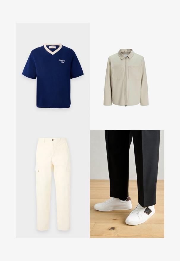 Béžová bunda vyrobená z jemného materiálu, s golierom, predným zipsom a dvoma veľkými náprsníkmi. Dlhé rukávy s voľným strihom.; Námornícky modrá pletená košeľa s krátkym rukávom a krémovým V-čkovým výstrihom, s vyšitou značkou "Originals Club" na ľavej strane hrude.; Svetložlté cargo nohavice vyrobené z bavlny, s bočnými vreckami a rovnými nohavicami, s gombíkovým zapínaním v oblasti pásu.; Biele tenisky s hladkým povrchom, s hnedými koženými akcentmi a čiernymi detailmi, spárované s čiernymi elegantnými nohavicami. Pozadím je drevená podlaha.