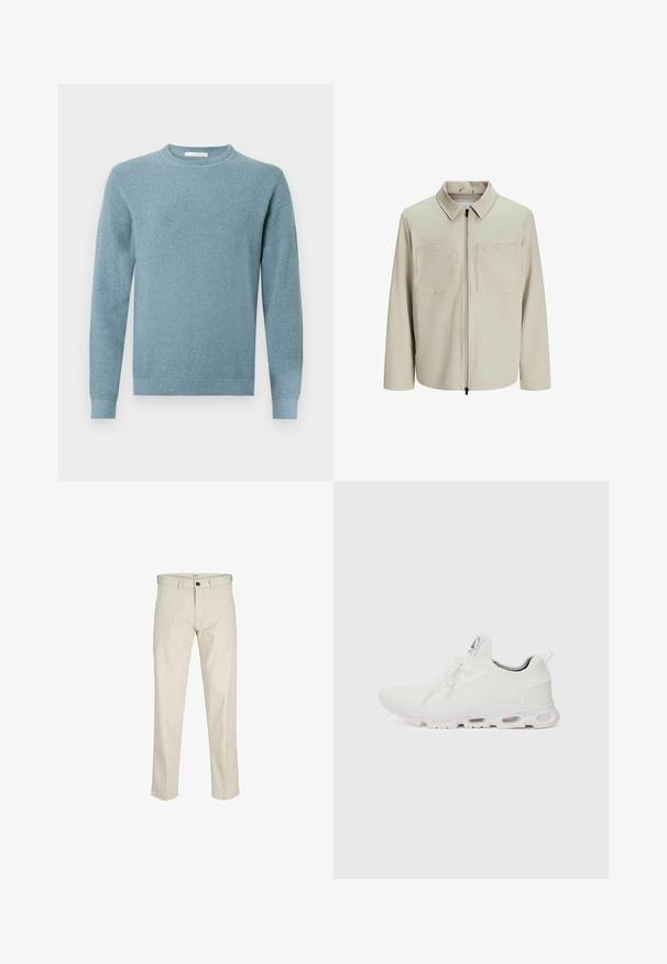 Bežna jakna iz mehkega blaga, z ovratnikom, sprednjim zadrgo in dvema velikima žepoma na prsih. Dolgi rokavi z ohlapnim fitom.; Svetlo moder pleten pulover z okrolim izrezom in dolgimi rokavi. Na robovih so rebrasti manšeti in spodnji rob, ki dodajo rahle detajle oblikovanju.; Bež bombažne hlače s ravnim krojem, gumbom za zaponko, sprednjimi žepi in šivanimi šivi. Gladka tekstura, minimalno pozornost na podrobnosti in brez vzorcev.; Bela atletska obuća z značilnom pletenom gornjom stranom, ravnim vezicama i podlogom s jastučićem koja ima vidljive zračne komore za dodatnu potporu.