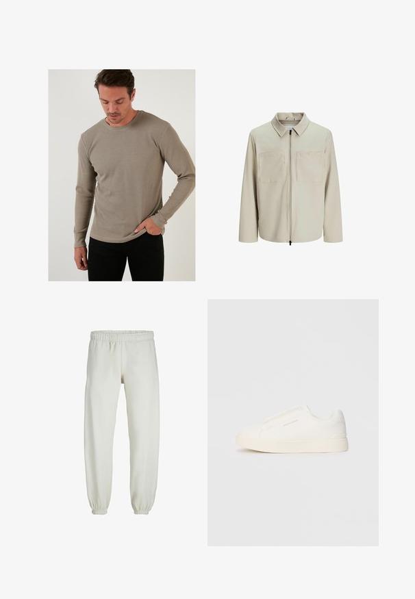 Beige jasje van zachte stof, met een kraag, een voorrits en twee grote borstzakken. Lange mouwen met een relaxte pasvorm.; Beige thermoshirt met lange mouwen en een textuur met ribpatroon, ronde halslijn en aansluitende mouwen, gecombineerd met zwarte broek.; Witte sweatpants gemaakt van zachte stof, met een elastische tailleband en boorden, een gladde textuur en een losvallend ontwerp.; Witte instap sneakers met een gestructureerd oppervlak, een dikke zool en een minimalistisch ontwerp. Bevat het merklogo aan de zijkant.