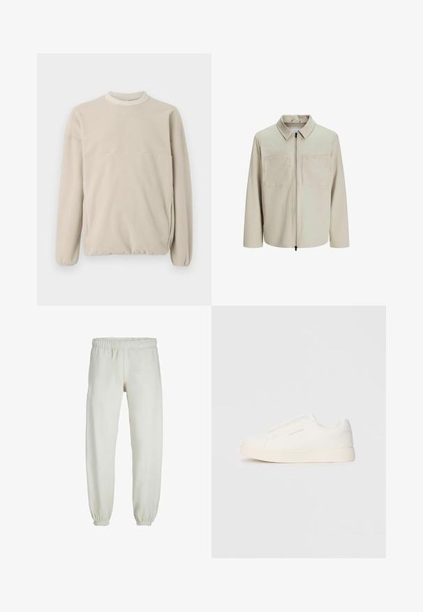 Beige jacket made of soft fabric, featuring a collar, front zip, and two large chest pockets. Long sleeves with a relaxed fit.; Light beige fleece sweatshirt with a crew neck, elastic cuffs, and a front pocket. Soft texture, relaxed fit, and minimalistic design.; White sweatpants made from soft fabric, featuring an elastic waistband and cuffs, with a smooth texture and loose-fitting design.; White slip-on sneakers with a textured surface, a thick sole, and minimalistic design. Features brand logo on the side.