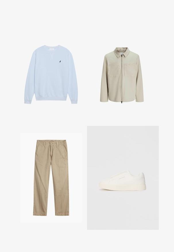 Giacca beige realizzata in tessuto morbido, dotata di colletto, zip frontale e due ampie tasche sul petto. Maniche lunghe con una vestibilità rilassata.; Felpa azzurra realizzata in cotone, con scollo a girocollo, polsini a costine e un logo di un uccello nero ricamato sul lato sinistro del petto.; Chinos beige a gamba dritta con passanti per cintura, chiusura frontale a bottone e zip, e tasche laterali inclinati.; Sneakers bianchi slip-on con superficie texturizzata, suola spessa e design minimalista. Presentano il logo del marchio sul lato.