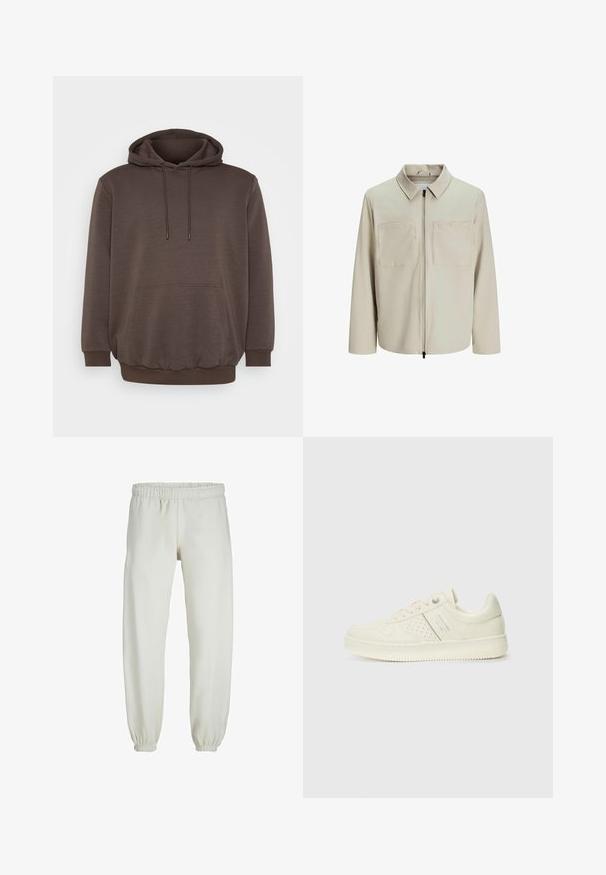 Giacca beige realizzata in tessuto morbido, dotata di colletto, zip frontale e due ampie tasche sul petto. Maniche lunghe con una vestibilità rilassata.; Felpa marrone realizzata in tessuto morbido, con tasca frontale, cordini e polsini e orlo a costine. Design semplice senza motivi.; Pantaloni tuta bianchi realizzati in tessuto morbido, dotati di vita e polsini elastici, con una texture liscia e una vestibilità ampia.; Sneaker color crema con dettagli perforati, lacci e logo sul lato, esposta su uno sfondo bianco semplice.