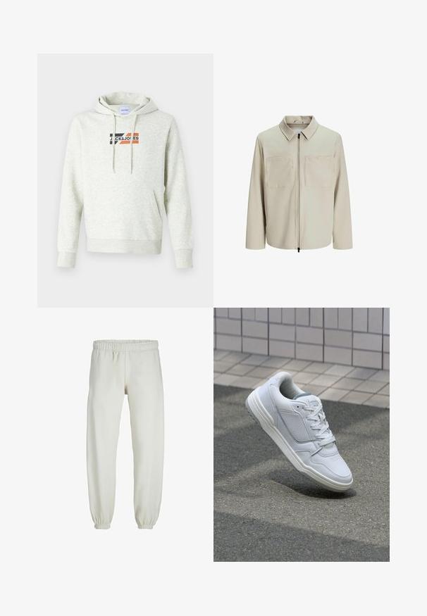 Beżowa kurtka wykonana z miękkiego materiału, z kołnierzem, zamek błyskawiczny z przodu i dwoma dużymi kieszeniami na piersiach. Długie rękawy o luźnym kroju.; Jasnoszary hoodie z przednią kieszenią, kapturem ze sznurkiem i nadrukowanym logo "JACK & JONES" w czarnych, pomarańczowych i czerwonych akcentach.; Białe dresy wykonane z miękkiego materiału, z elastycznym pasem i mankietami, o gładkiej fakturze i luźnym kroju.; Białe skórzane trampki z perforowanymi bokami, teksturowanymi akcentami, płaskimi sznurowadłami i kontrastującym szarym obcasem. Posiadają lekko podniesioną podeszwę.