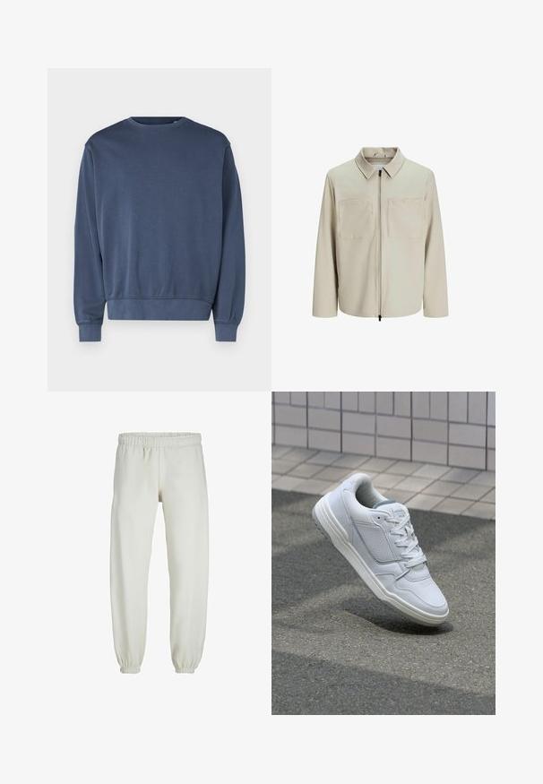 Bež jakk, mis on valmistatud pehmest kangast, millel on krae, ees zip ja kaks suurt rinna taskut. Pikad varrukad, millel on mugav lõige.; Tumedat sinise värvi mütsiga pehme kangaga, ümmarguse kaela auguga, pikad varrukad ning soonikkoes mansetid ja alläär. Lihtne disain, ilma mustrite või graafikateta.; Valged trennipüksid, mis on valmistatud pehmest kangast, elastse vöökoha ja mansettidega, sileda tekstuuri ja lõdva lõikega.; Valge nahkne toss, millel on perforeeritud külgedega, tekstuuriga aktsendid, lame pael ja kontrastne hall konts. Omab veidi tõstetud tallat.