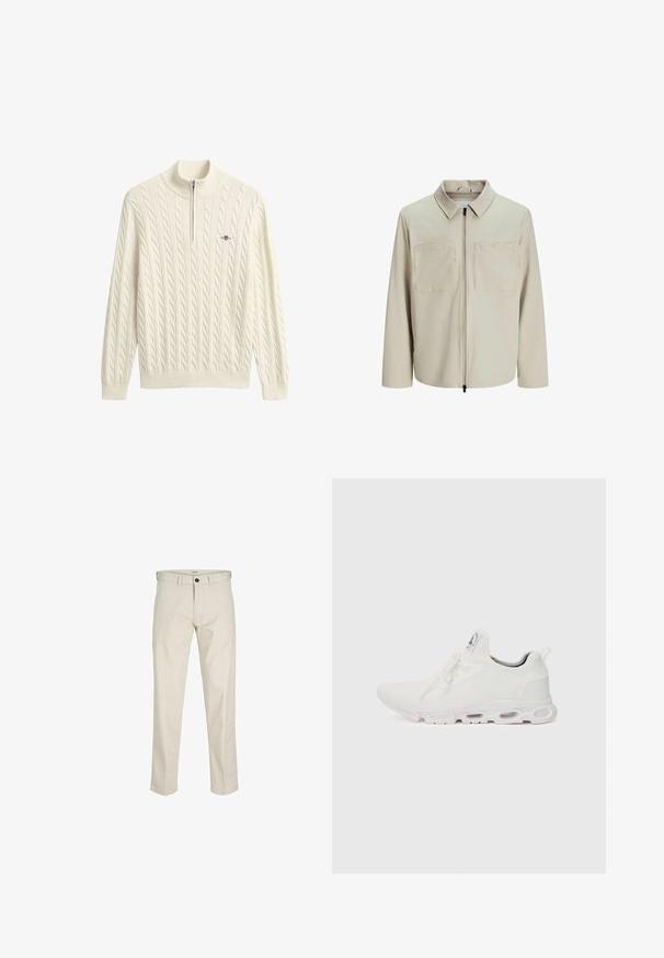 Beige jasje van zachte stof, met een kraag, een voorrits en twee grote borstzakken. Lange mouwen met een relaxte pasvorm.; Gebreide trui in crèmekleur met een hoge kraag, voorzien van kabelpatronen en een halve ritssluiting. Geribbelde manchetten en zoom maken het ontwerp compleet.; Beige katoenen broeken met een rechte pasvorm, knoopsluiting, zijzakken en gestikte naden. Gladde textuur, minimale details en geen patronen.; Witte sportieve schoenen met een gestructureerde gebreide bovenkant, platte veters en een gevoerde zool met zichtbare luchtkamers voor extra ondersteuning.