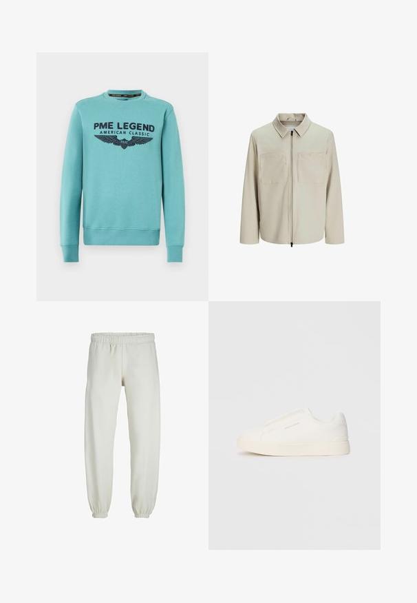 Beżowa kurtka wykonana z miękkiego materiału, z kołnierzem, zamek błyskawiczny z przodu i dwoma dużymi kieszeniami na piersiach. Długie rękawy o luźnym kroju.; Turkusowy sweter z okrągłym dekoltem, długimi rękawami i ściągaczami. Posiada napisy "PME LEGEND AMERICAN CLASSIC" oraz grafiki skrzydeł w ciemnoniebieskim kolorze.; Białe dresy wykonane z miękkiego materiału, z elastycznym pasem i mankietami, o gładkiej fakturze i luźnym kroju.; Białe sneakersy wsuwane z teksturowanej powierzchni, grubą podeszwą i minimalistycznym designem. Zawierają logo marki z boku.