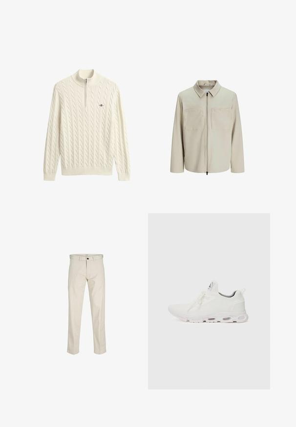 Beige jacket made of soft fabric, featuring a collar, front zip, and two large chest pockets. Long sleeves with a relaxed fit.; Cream-colored cable knit pullover with a half-zip collar and ribbed hem and cuffs. Features a small logo on the chest.; Beige cotton trousers with a straight fit, button fly, front pockets, and stitched seams. Smooth texture, minimal detailing, and no patterns.; White athletic shoes featuring a textured knit upper, flat laces, and a cushioned sole with visible air chambers for added support.