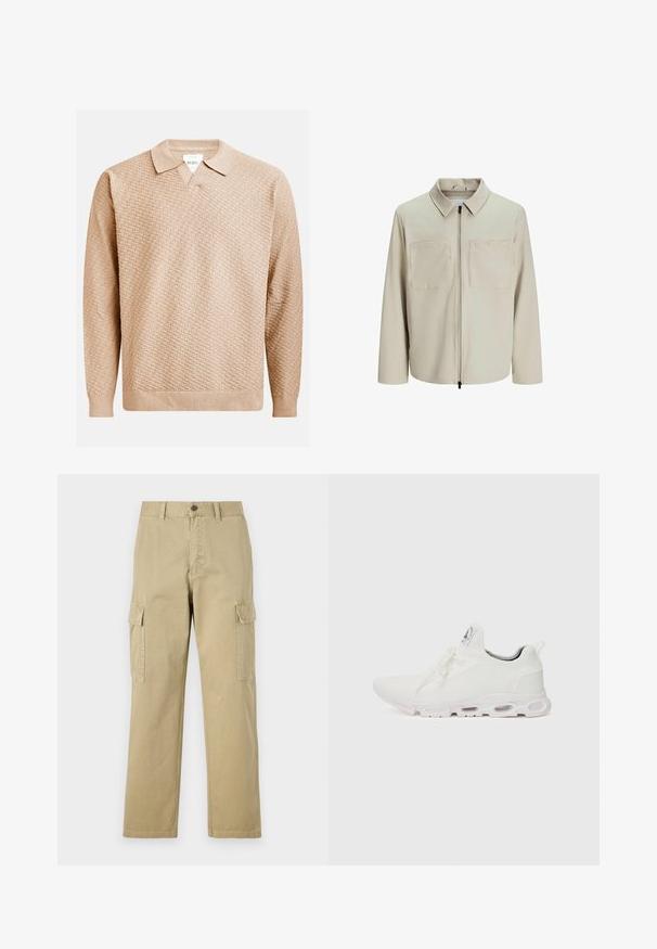 Beige jasje van zachte stof, met een kraag, een voorrits en twee grote borstzakken. Lange mouwen met een relaxte pasvorm.; Beige gebreide trui met een gestructureerd patroon, voorzien van een klassieke kraag en ribgebreide manchetten. Gemaakt van zacht, lichtgewicht materiaal.; Beige cargobroek van katoen, met twee zijzakken, een knoopsluiting en rechte pijpen van een licht gestructureerde stof.; Witte sportieve schoenen met een gestructureerde gebreide bovenkant, platte veters en een gevoerde zool met zichtbare luchtkamers voor extra ondersteuning.