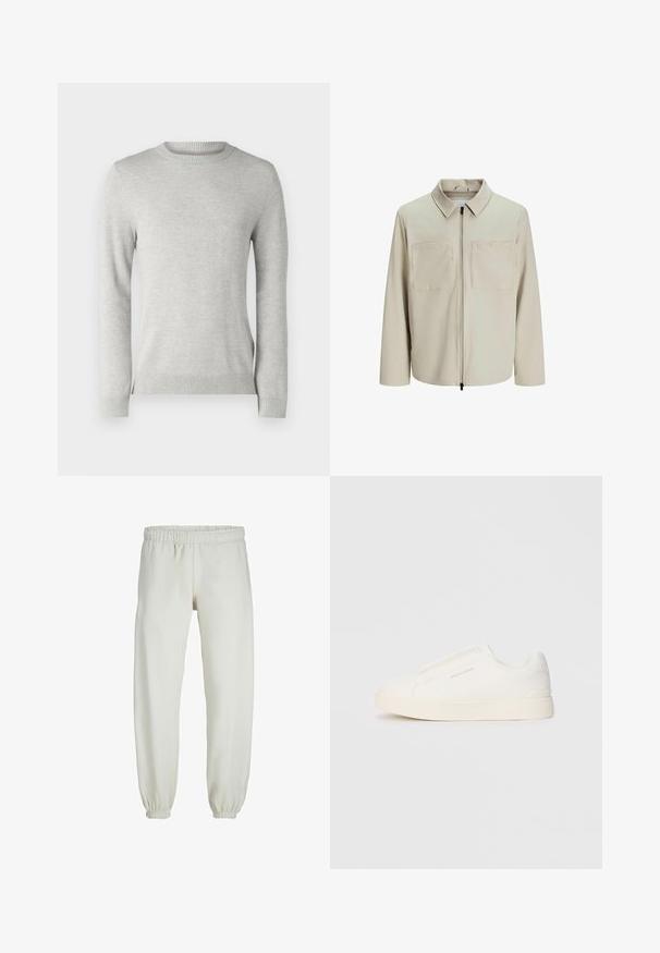 Beige jacket made of soft fabric, featuring a collar, front zip, and two large chest pockets. Long sleeves with a relaxed fit.; Light grey knit sweater with a round neckline, long sleeves, textured pattern, and ribbed cuffs and hem. Soft, breathable fabric.; White sweatpants made from soft fabric, featuring an elastic waistband and cuffs, with a smooth texture and loose-fitting design.; White slip-on sneakers with a textured surface, a thick sole, and minimalistic design. Features brand logo on the side.