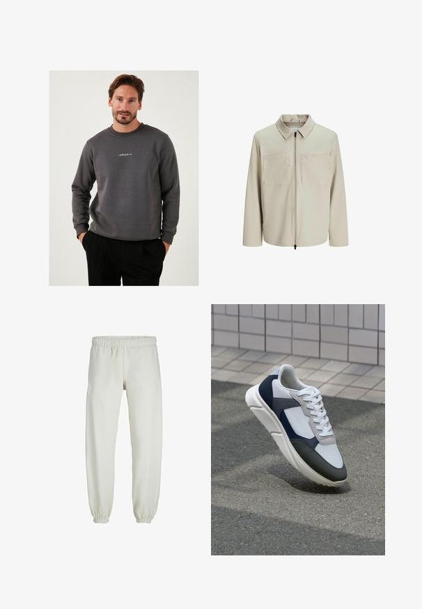 Beige jasje van zachte stof, met een kraag, een voorrits en twee grote borstzakken. Lange mouwen met een relaxte pasvorm.; Grijze sweatshirt gemaakt van zacht materiaal, met een ronde hals en geborduurd logo op de borst. Lange mouwen en een relaxed fit ontwerp.; Witte sweatpants gemaakt van zachte stof, met een elastische tailleband en boorden, een gladde textuur en een losvallend ontwerp.; Witte, marineblauwe en grijze sneaker met een gemengde materiaald ontwerp, met een gestructureerde bovenkant, platte veters en een gevoerde zool.