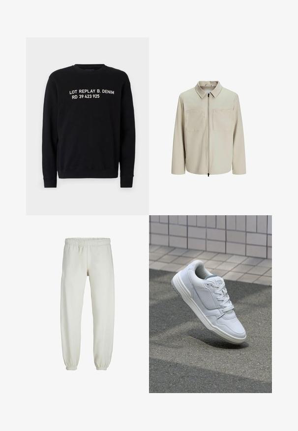 Giacca beige realizzata in tessuto morbido, dotata di colletto, zip frontale e due ampie tasche sul petto. Maniche lunghe con una vestibilità rilassata.; Felpa nera con colletto a girocollo, con testo bianco che legge "LOT REPLAY B. DENIM RD 39 423 925" sulla parte anteriore. Vestibilità standard.; Pantaloni tuta bianchi realizzati in tessuto morbido, dotati di vita e polsini elastici, con una texture liscia e una vestibilità ampia.; Sneaker bianca in pelle con lati perforati, accenti testurizzati, lacci piatti e tallone grigio a contrasto. Presenta una suola leggermente elevata.