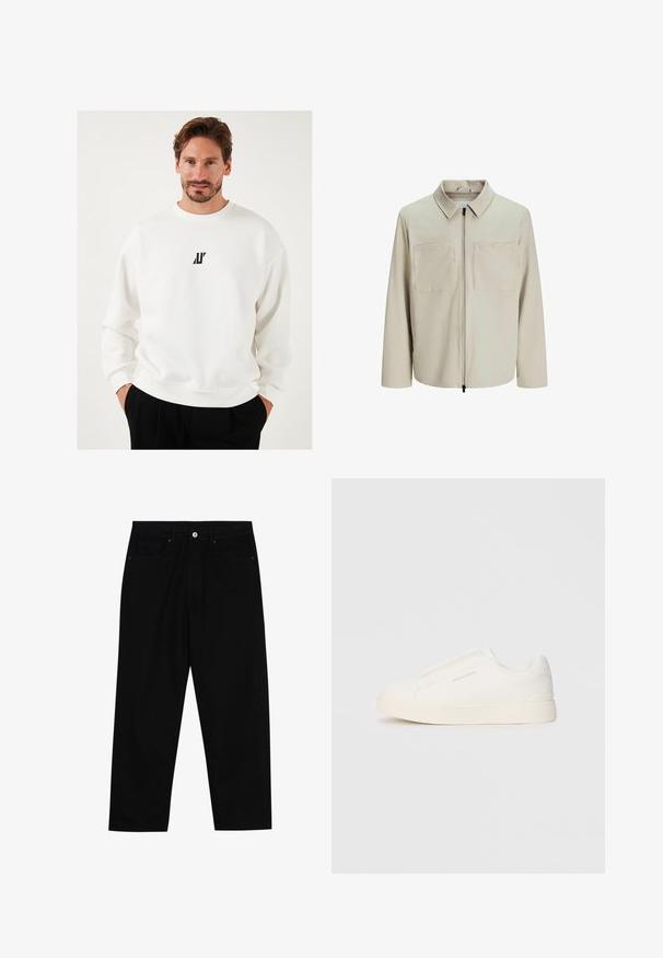 Beige Jacke aus weichem Stoff, mit Kragen, Frontreißverschluss und zwei großen Brusttaschen. Lange Ärmel mit lässiger Passform.; Weißes Sweatshirt mit einem kleinen schwarzen Logo auf der Brust, Rundhalsausschnitt und lässiger Passform, aus weichem Stoff gefertigt.; Schwarze Jeans mit geradem Schnitt, Fünf-Taschen-Design und einem vorderen Knopfverschluss. Glatte Textur mit minimalen Nähten.; Weiße Slip-On-Sneaker mit einer strukturierten Oberfläche, dicker Sohle und minimalistischem Design. Mit Logo der Marke an der Seite.