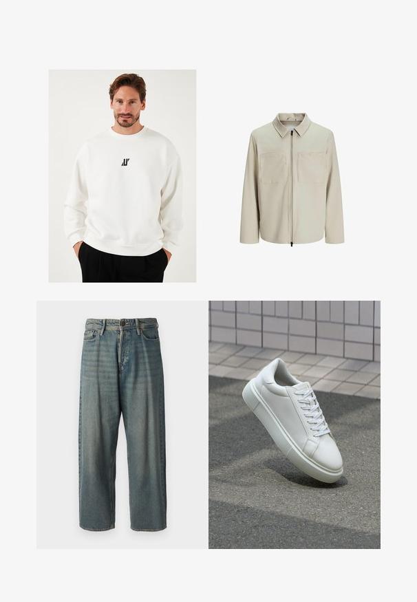 Bež jakk, mis on valmistatud pehmest kangast, millel on krae, ees zip ja kaks suurt rinna taskut. Pikad varrukad, millel on mugav lõige.; Valge sviiter, millel on rinnas väike must logo, ümar kaelus ja vabalt istuv lõige, valmistatud pehmest kangast.; Heledad sinine denim-stiilis teksad, volüümse lõike, keskmise kõrgusega talje ja sirgete säärega. Omab viit taskut, vöökumme ja nööpide sulgemist.; Valge nahkline sneka, millel on sile pind, ümar varvas ja lame valge pael. Omab tekstuuriga kummist talla ja minimaalset kujunduselementi.