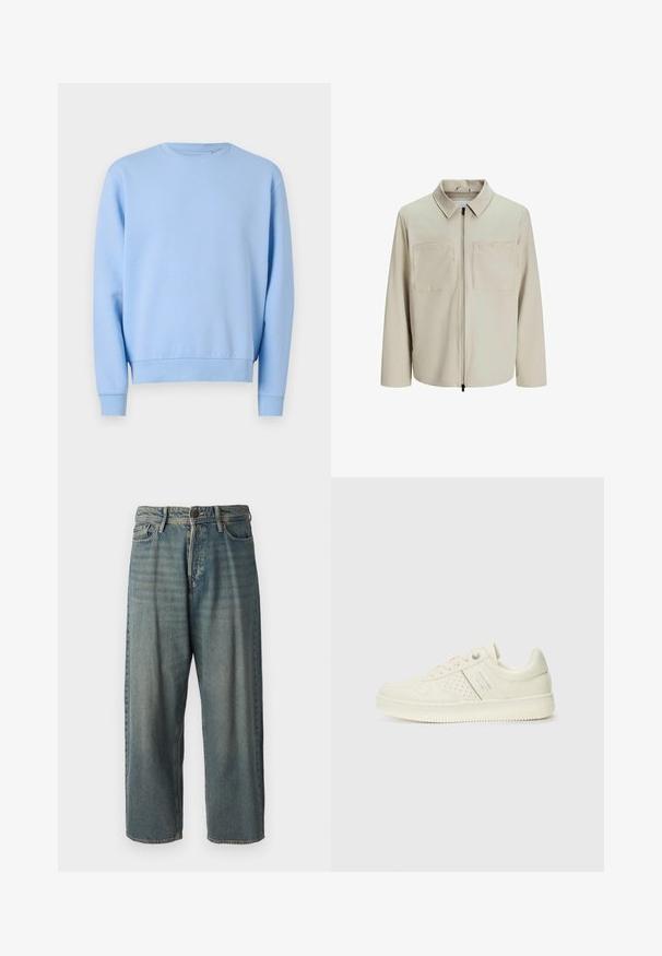 Jachetă bej dintr-un material moale, având o guler, fermoar frontal și două buzunare mari pe piept. Mâneci lungi cu o croială lejeră.; Hanorac bleu deschis cu guler rotund, mâneci lungi și manșete și tiv striate. Fabricat dintr-un material moale și neted. Fără modele sau accente.; Jeans din denim bleu deschis, cu o croială lejeră, talie medie și picioare drepte. Au cinci buzunare, bucle pentru curea și închidere cu nasture.; Adidași crem cu detalii perforate, șireturi și logo pe lateral, expuși pe un fundal alb simplu.