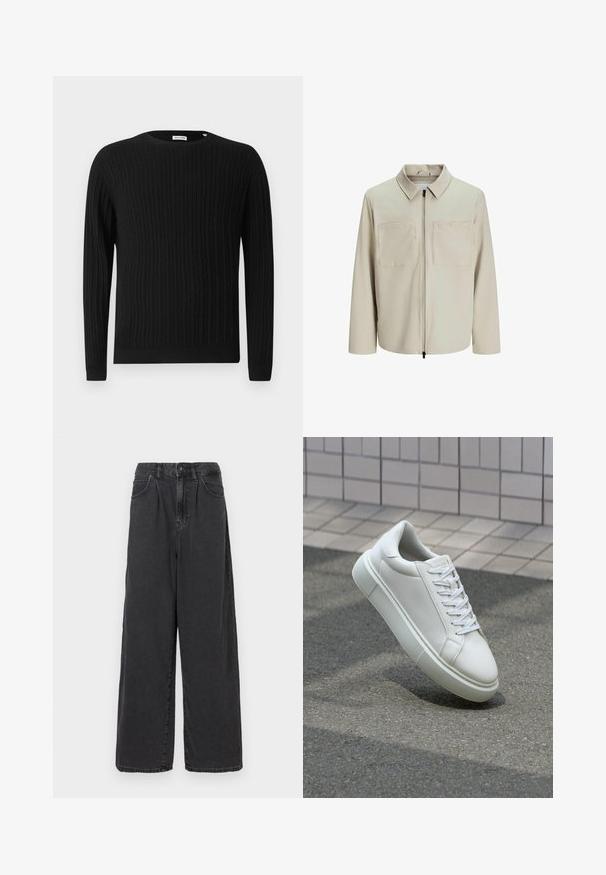 Bež jakna od mekog materijala, s ovratnikom, prednjim patentnim zatvaračem i dva velika džepa na grudima. Dugački rukavi s opuštenim krojem.; Crni pulover od pletene tkanine s dugim rukavima i okruglim izrezom. Ima teksturirani uzorak te rebraste manžete i donji rub.; Crne traperice širokih nogavica visoko strukirane s prednjim gumbom i zatvaračem, koje imaju bočne džepove i glatku teksturu.; Bijela kožna tenisica s glatkom površinom, okruglim vrhom i ravnim bijelim vezicama. Ima teksturiran gumeni potplat i minimalne dizajnerske elemente.