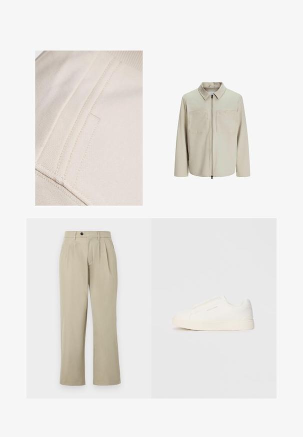 Chaqueta beige hecha de un tejido suave, con cuello, cierre frontal y dos grandes bolsillos en el pecho. Mangas largas con un corte relajado.; Tela de algodón beige con costuras visibles y una textura plana y suave. Presenta un sutil detalle de bolsillo a lo largo de la costura.; Pantalones beige con un corte relajado, que presentan pliegues, cierre de botón, bolsillos laterales y piernas rectas. Textura de tela suave.; Zapatillas blancas tipo slip-on con una superficie texturizada, suela gruesa y diseño minimalista. Presenta el logo de la marca en un lado.