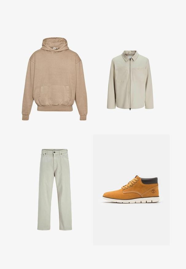 Beżowa kurtka wykonana z miękkiego materiału, z kołnierzem, zamek błyskawiczny z przodu i dwoma dużymi kieszeniami na piersiach. Długie rękawy o luźnym kroju.; Beżowa bluza z kapturem wykonana z teksturowanej tkaniny, z przednią kieszenią oraz ściągaczami przy mankietach i dole. Posiada kaptur ze sznurkiem i luźny krój.; Jasnobeżowe dżinsy w stylu prostym, o pięciu kieszeniach i guzikowym zapięciu w pasie, z minimalną liczbą detali szwów.; Brązowe zamszowe botki za kostkę z wyściółką, z złotymi oczkami i sznurówkami, kontrastowym przeszyciem oraz białą gumową podeszwą.