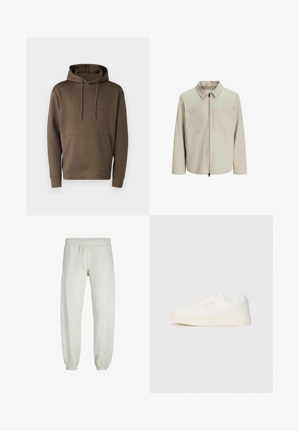 Beige jasje van zachte stof, met een kraag, een voorrits en twee grote borstzakken. Lange mouwen met een relaxte pasvorm.; Bruine hoodie met koordjes, voorzak met kangaroo-stijl en een zwart gedrukt logo over de borst. Zachte stoffen textuur.; Witte sweatpants gemaakt van zachte stof, met een elastische tailleband en boorden, een gladde textuur en een losvallend ontwerp.; Witte instap sneakers met een gestructureerd oppervlak, een dikke zool en een minimalistisch ontwerp. Bevat het merklogo aan de zijkant.