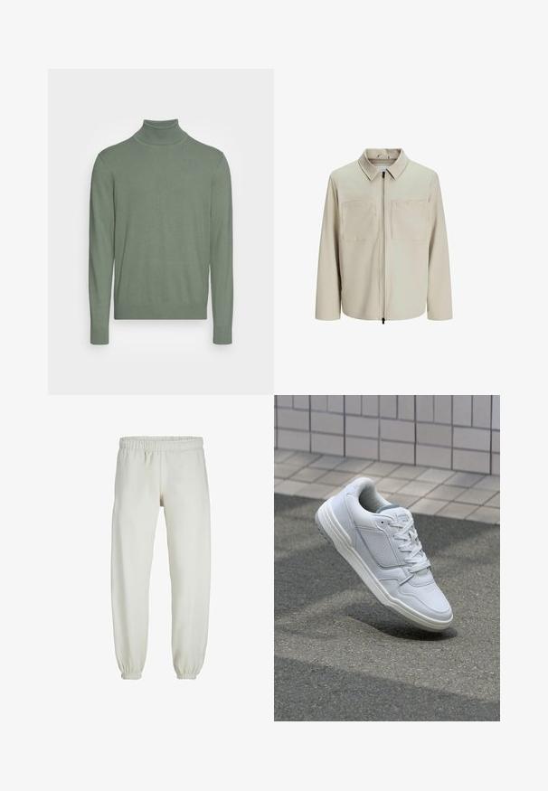 Bež jakna od mekog materijala, s ovratnikom, prednjim patentnim zatvaračem i dva velika džepa na grudima. Dugački rukavi s opuštenim krojem.; Zeleni džemper s turtleneck iz mekog pletiva. Ima duge rukave, prilagođeni izrez i rebraste manžete i donji rub. Nema vidljivih uzoraka.; Bijele trenirke napravljene od mekanog materijala, s elastikom u struku i na manžetama, glatke teksture i labavog kroja.; Bijele kožne tenisice s perforiranim bočnim dijelovima, teksturiranim akcentima, ravnim vezicama i kontrastnim sivim petom. Imaju blago povišenu potplat.