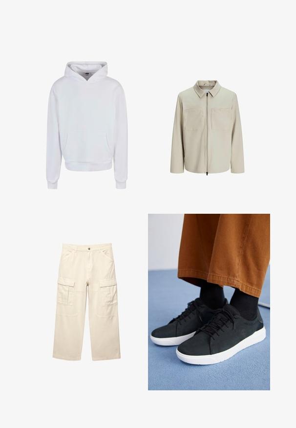 Giacca beige realizzata in tessuto morbido, dotata di colletto, zip frontale e due ampie tasche sul petto. Maniche lunghe con una vestibilità rilassata.; Felpa bianca con cappuccio, dotata di una tasca a marsupio frontale, polsini e orlo ribattuti. Realizzata in materiale morbido con una superficie liscia.; Pantaloni cargo beige realizzati in cotone, con due tasche laterali, taglio dritto e dettagli cuciti in tutto il capo. Appaiono leggeri e resistenti.; Sneakers in suede nera con suole in gomma bianca, dotati di un design con lacci, accenti testurizzati e branding sottile, abbinati a pantaloni marroni.