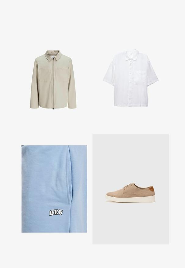 Veste beige en tissu doux, dotée d'un col, d'une fermeture éclair sur le devant et de deux grandes poches poitrine. Manches longues avec une coupe décontractée.; Chemise blanche à manches courtes avec un devant à boutons, un col et une seule poche poitrine. Fabriquée en tissu léger avec une texture douce.; DEF Short - blue; Baskets en daim beige avec un embout arrondi, un laçage sur le devant et un accent texturé à l'arrière. La semelle en caoutchouc blanche offre un contraste. Design simple et moderne.