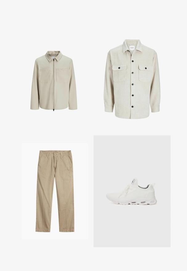 Beige jasje van zachte stof, met een kraag, een voorrits en twee grote borstzakken. Lange mouwen met een relaxte pasvorm.; Beige flanellen overhemd met een kraaglijn, voorzien van twee borstzakken, zwarte knopen en lange mouwen met knoopmanchetten.; Beige rechte pijpen chinos met riemlussen, voorkant met knoop en rits sluiting, en schuine voorzakken.; Witte sportieve schoenen met een gestructureerde gebreide bovenkant, platte veters en een gevoerde zool met zichtbare luchtkamers voor extra ondersteuning.