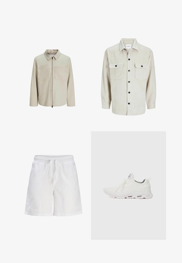 Bēša jaka, kas izgatavota no mīksta auduma, ar apkakli, priekšējo rāvējslēdzēju un diviem lieliem krūšu kabatām. Garas piedurknes ar brīvu piegriezumu.; Bēža flaneļa krekls ar apkakles dekoltē, ar divām krūšu kabatām, melniem pogām un garām piedurknēm ar pogu aprocēm.; Baltas kokvilnas šorts ar elastīgu jostu un aukliņu. Iezīmēts ar brīvu piegriezumu un sānu kabatām.; Baltas sporta apavi ar teksturētu adītu augšdaļu, platiem auklām un mīkstinātu zoli ar redzamām gaisa kamerām papildu atbalstam.