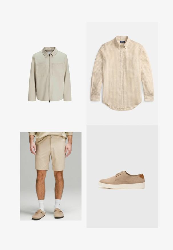 Beige jacka i mjukt tyg, med krage, framsida med dragkedja och två stora bröstfickor. Långa ärmar med avslappnad passform.; Beige långärmad skjorta med knappar, vita vertikala ränder, knappkrage, bröstficka och etikett med "Polo Ralph Lauren" inuti kragen.; Beiga shorts i lätt tyg med en rak front, en enda knappstängning och slim fit. Bärs med vita strumpor och bruna slip-on skor.; Beige mockasinsneakers med rund tå, snörning fram och texturerad bakaxel. Vit gummisula ger kontrast. Enkelt och modernt design.
