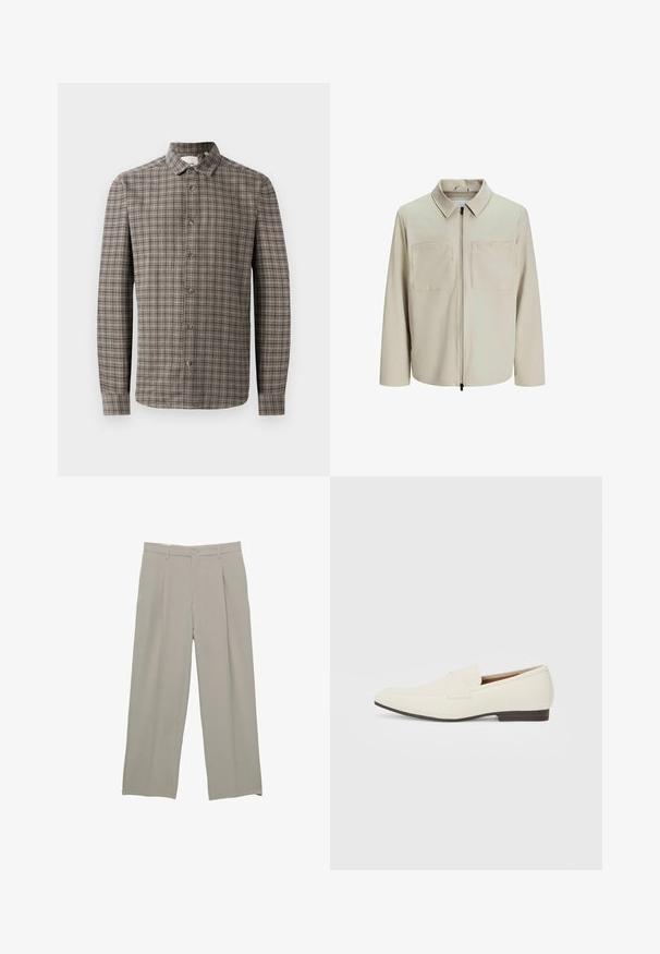Beige színű, puha anyagból készült dzseki, gallérral, elülső cipzárral és két nagy zsebbe való mellel. Hosszú ujjú, laza fazonú.; Hosszú ujjú gombos ing barna és szürke kockás mintával, klasszikus gallérral és gombos záródással az elején.; Világosszürke, bővérű nadrág sima textúrával, elülső redőkkel, gombos záródással és oldalsó zsebekkel.; Világos bézs loaferek hegyes orral, sima anyagból, a lábfejen lévő pánttal és alacsony barna talppal. Egyszerű dizájn, minimális díszítéssel.
