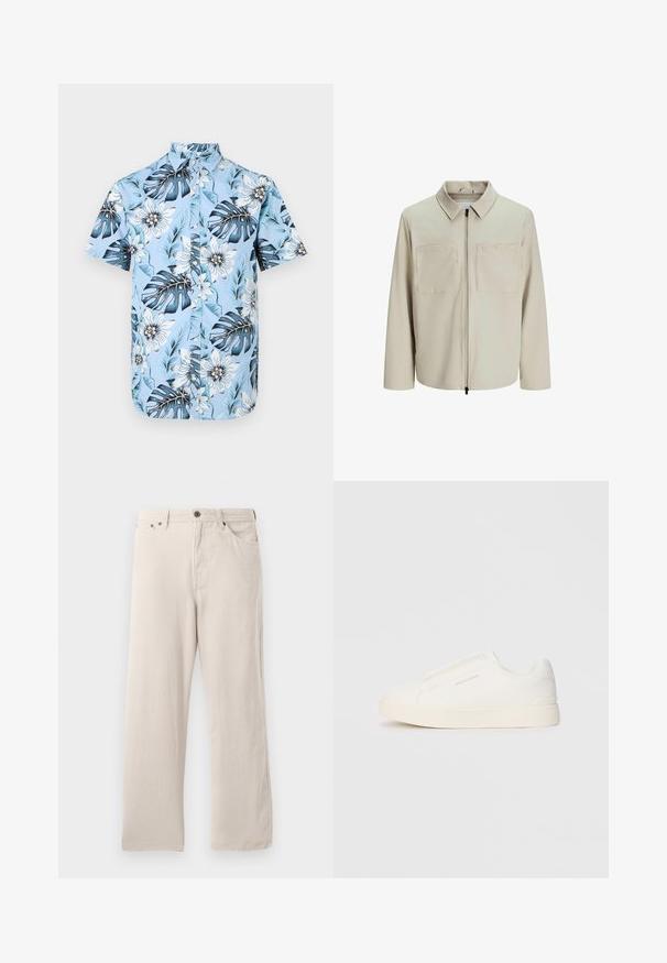 Beige színű, puha anyagból készült dzseki, gallérral, elülső cipzárral és két nagy zsebbe való mellel. Hosszú ujjú, laza fazonú.; Világoskék rövid ujjú ing trópusi virágmintával, nagyméretű levelekkel és virágokkal, gombos elülső részével.; Beige kordbársony nadrág egyenes szabással, bordázott textúrával, öt zsebes kialakítással és gombos záródással.; Fehér slip-on sportcipők texturált felülettel, vastag talppal és minimalista dizájnnal. Az oldalon a márka logója található.