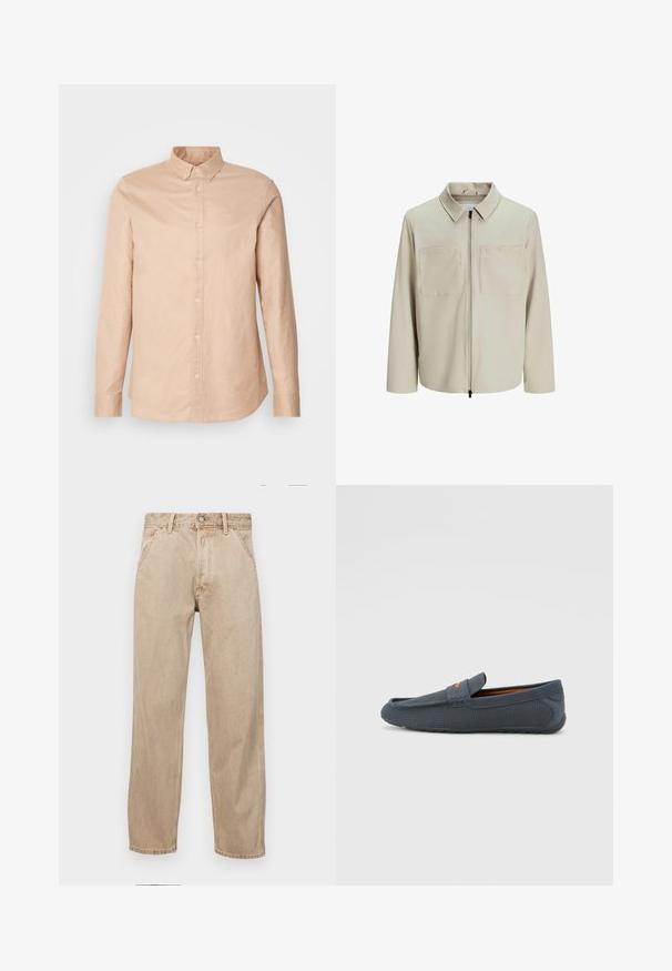 Beige jasje van zachte stof, met een kraag, een voorrits en twee grote borstzakken. Lange mouwen met een relaxte pasvorm.; Licht beige button-up shirt van katoen met lange mouwen, een smalle kraag en een klein logo op de borst. Glad textuur, klassiek ontwerp.; Beige denim jeans met een recht gesneden ontwerp, voorzien van voorzakken, een metalen knoopsluiting en een subtiele textuur.; Grijze geperforeerde instappers met een slip-on ontwerp, voorzien van een oranje accent, ronde neus en een gestructureerde rubberen zool.