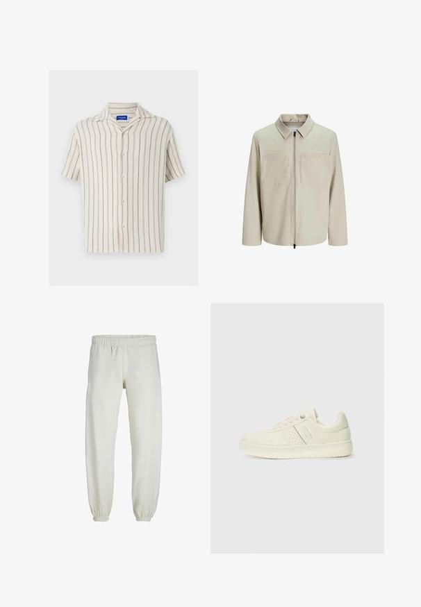 Kreminė striukė, pagaminta iš minkštos medžiagos, su apykakle, priekyje užtrauktuku ir dviem didelėmis krūtinės kišenėmis. Ilgos rankovės su laisvu pritaikymu.; Šviesiai kreminės spalvos trumpas rankovėmis marškinėliai su smulkiomis vertikaliomis juostelėmis. Turi mygtukų užsegimą priekyje ir klasikinį apykaklę, pagaminti iš tekstūruoto audinio.; Baltos sportinės kelnės, pagamintos iš minkštos medžiagos, su elastinga juosmeniu ir rankogaliais, turinčios lygią tekstūrą ir laisvą siluetą.; Kremo spalvos sportbačiai su perforuotomis detalėmis, raišteliais ir logotipu šone, išdėstyti prieš paprastą baltą foną.