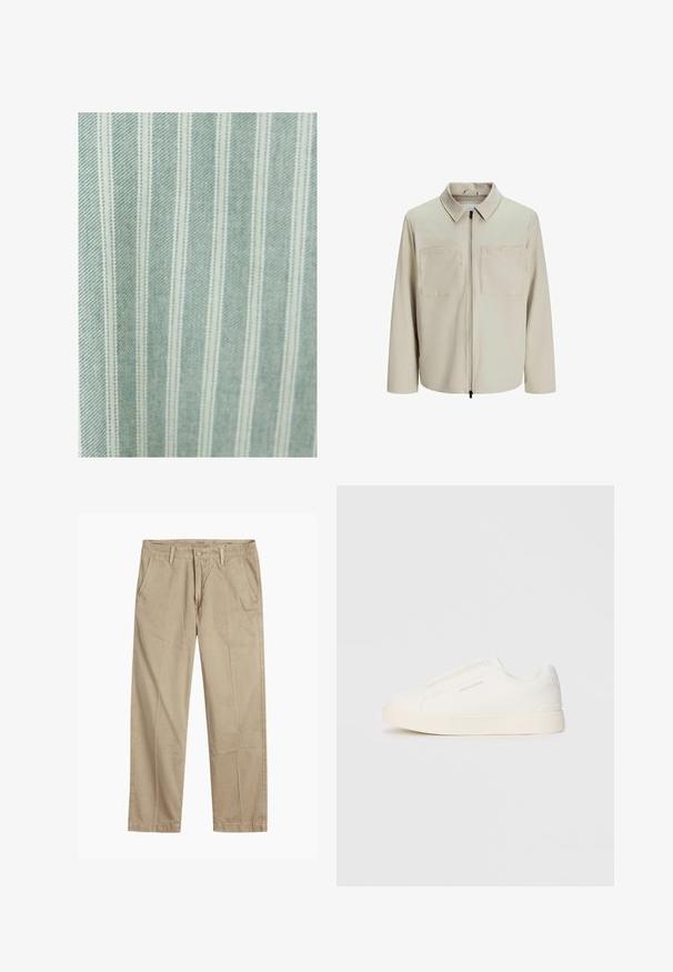 Beige jakke lavet af blødt stof, med krave, frontlynlås og to store brystlommer. Lange ærmer med afslappet pasform.; Lys grøn stof med tynde hvide lodrette striber. Har en glat tekstur og en subtil glans, velegnet til forskellige tekstilapplikationer.; Beige lige ben chinos med bæltestropper, frontknap og lynlås lukning samt skrå frontlommer.; Hvide slip-on sneakers med en struktureret overflade, en tyk sål og et minimalistisk design. Har brandlogoet på siden.